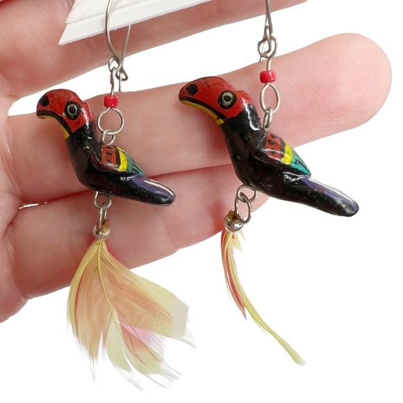 Toucan Tropical Bird & Feather Wooden Pierced Earrings - Picture 4 of 6